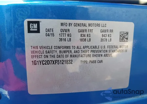 2015 Chevrolet Corvette Stingray 2Lt from USA, damaged, VIN 1G1YC2D7XF5121832